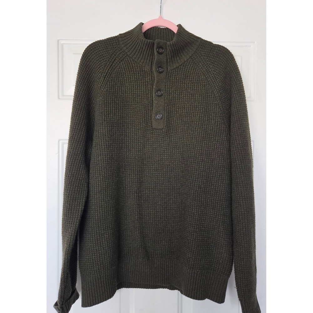 Banana Republic Mens Large Olive Green Italian Wool Blend Waffle Henley Sweater